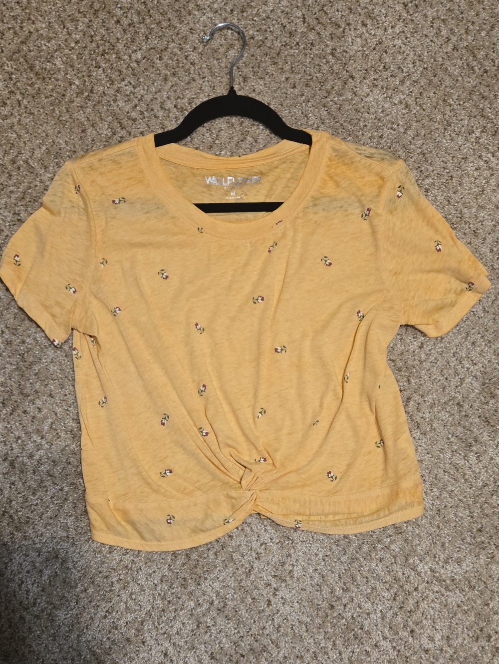 Wallflower Yellow Knot-Front Crop Tee with Tiny Floral Embroidery